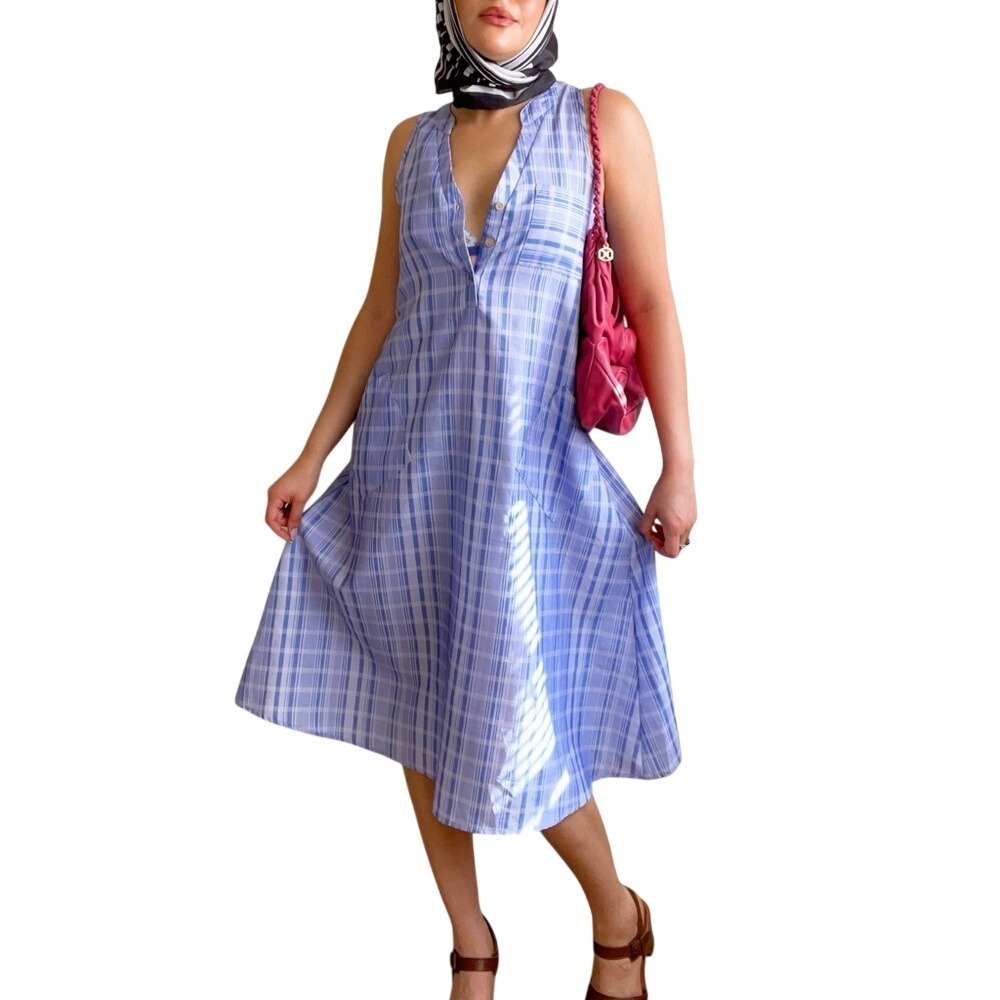 Vintage Y2K Cottagecore Purple Plaid A-Line Front Pocket Midi Dress